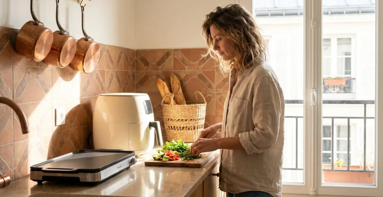 Cuisine moderne française avec friteuse sans huile et plancha posées sur un plan de travail épuré