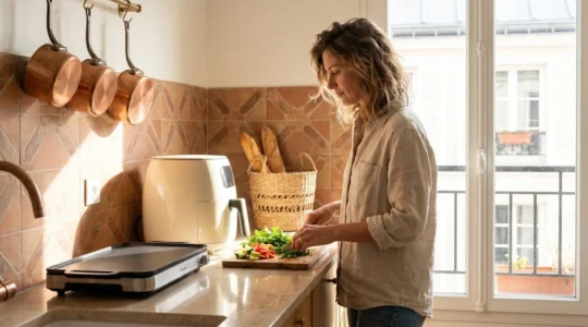 Cuisine moderne française avec friteuse sans huile et plancha posées sur un plan de travail épuré