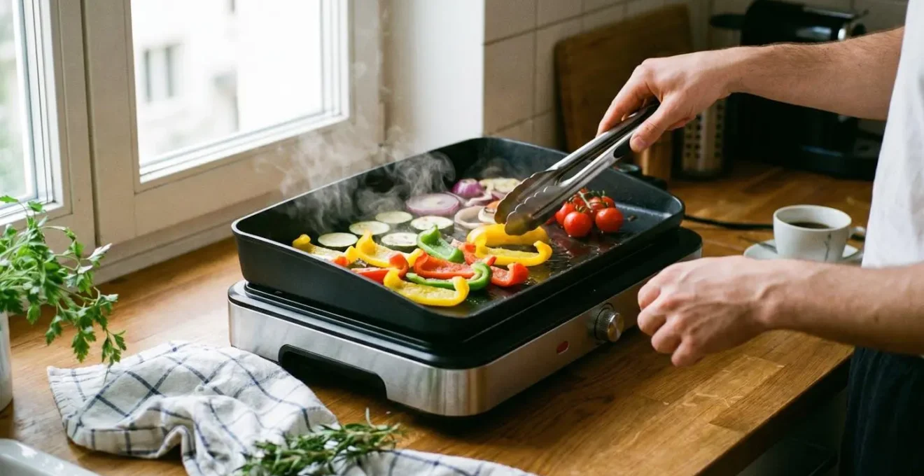 Plancha électrique compacte utilisée sur un plan de travail d'appartement, légumes en train de cuire